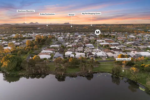 Annotated twilight aerial showing a Caboolture property and nearby landmarks